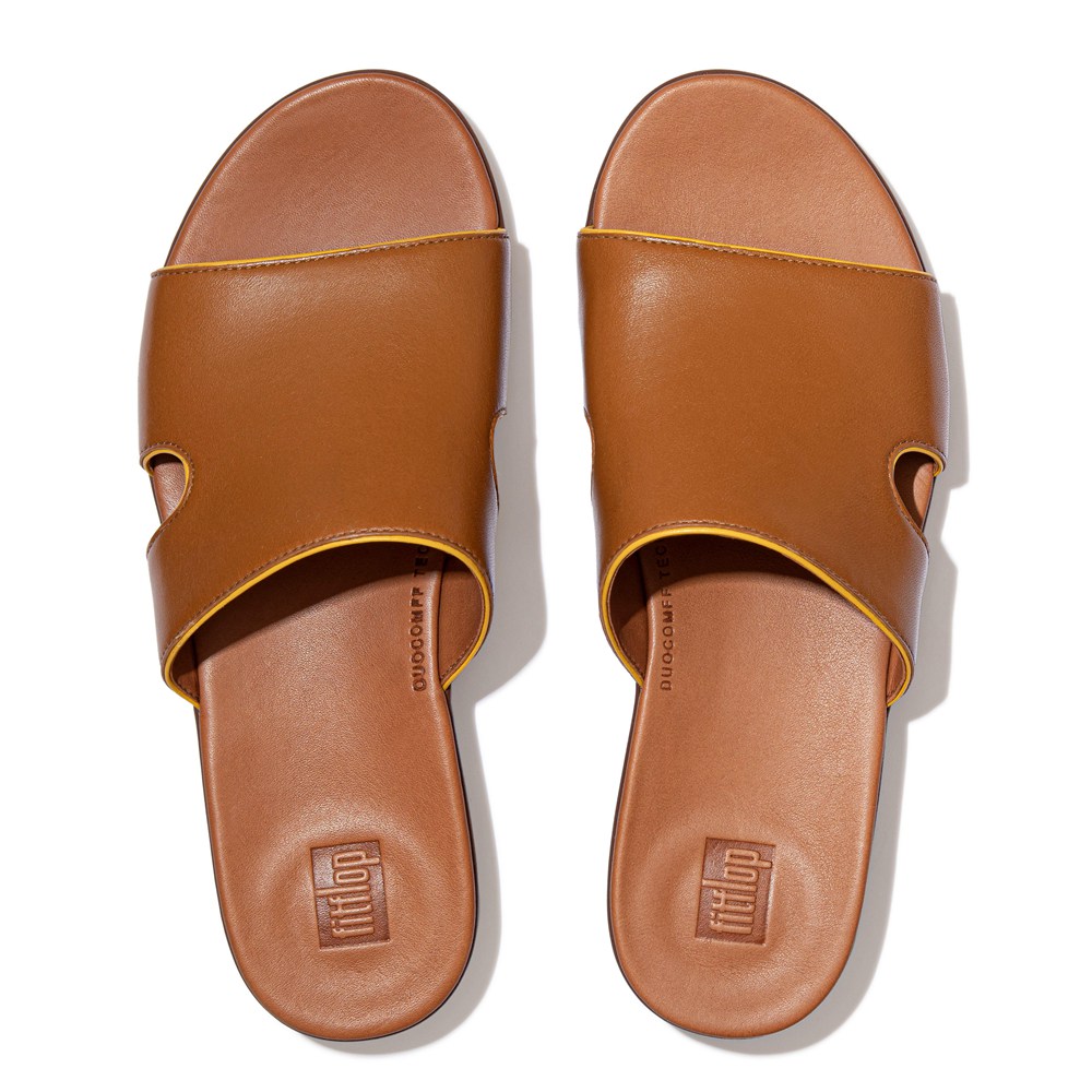 Fitflop Womens Slides Brown - H-bar Pop-binding Leather - 28RAYDUZW